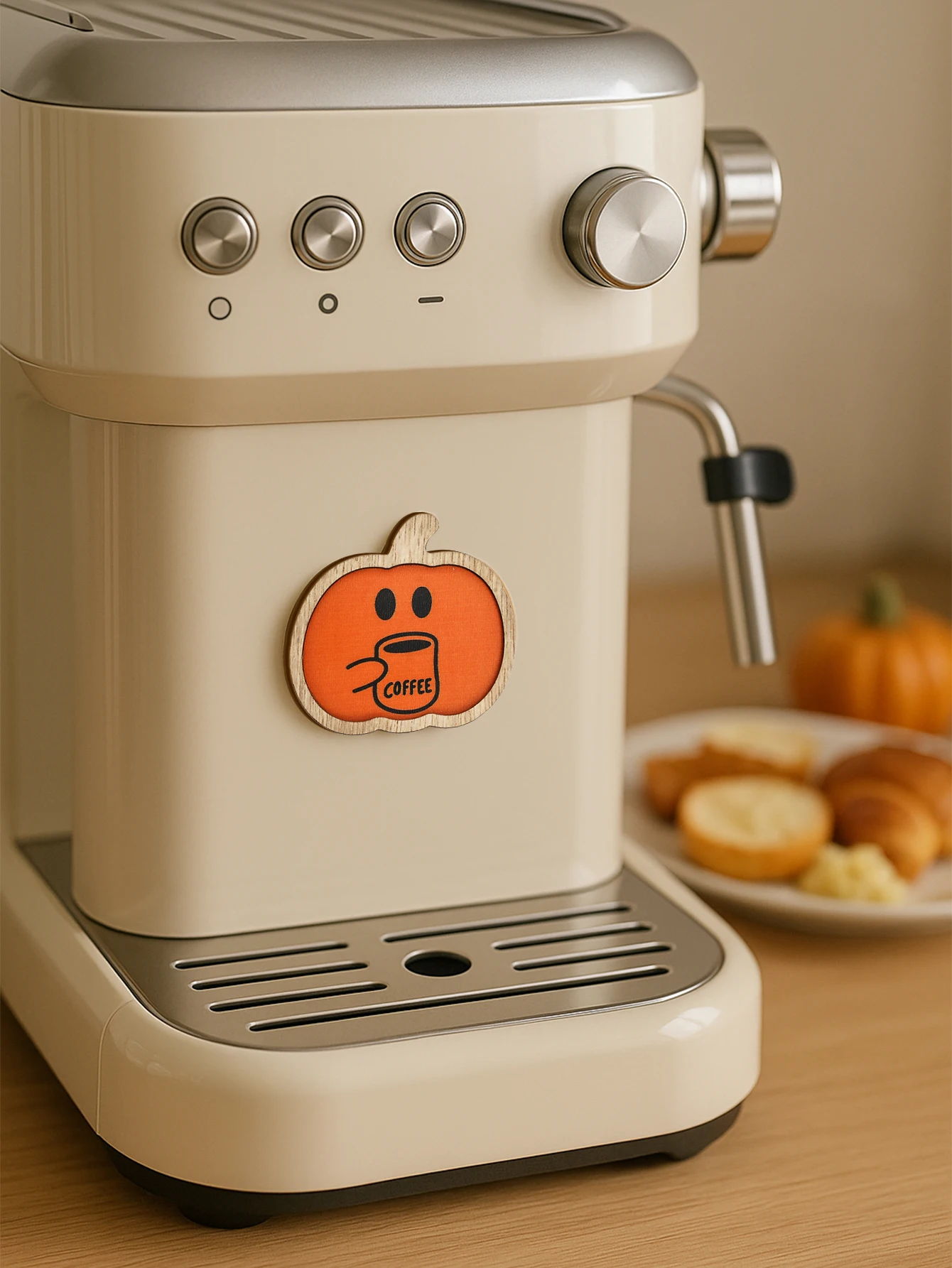 Halloween Orange Pumpkin Shape Wooden Sticker Cute Pumpkin Holding Coffee Cup Design Kitchen Refrigerator & Coffee Machine Decor