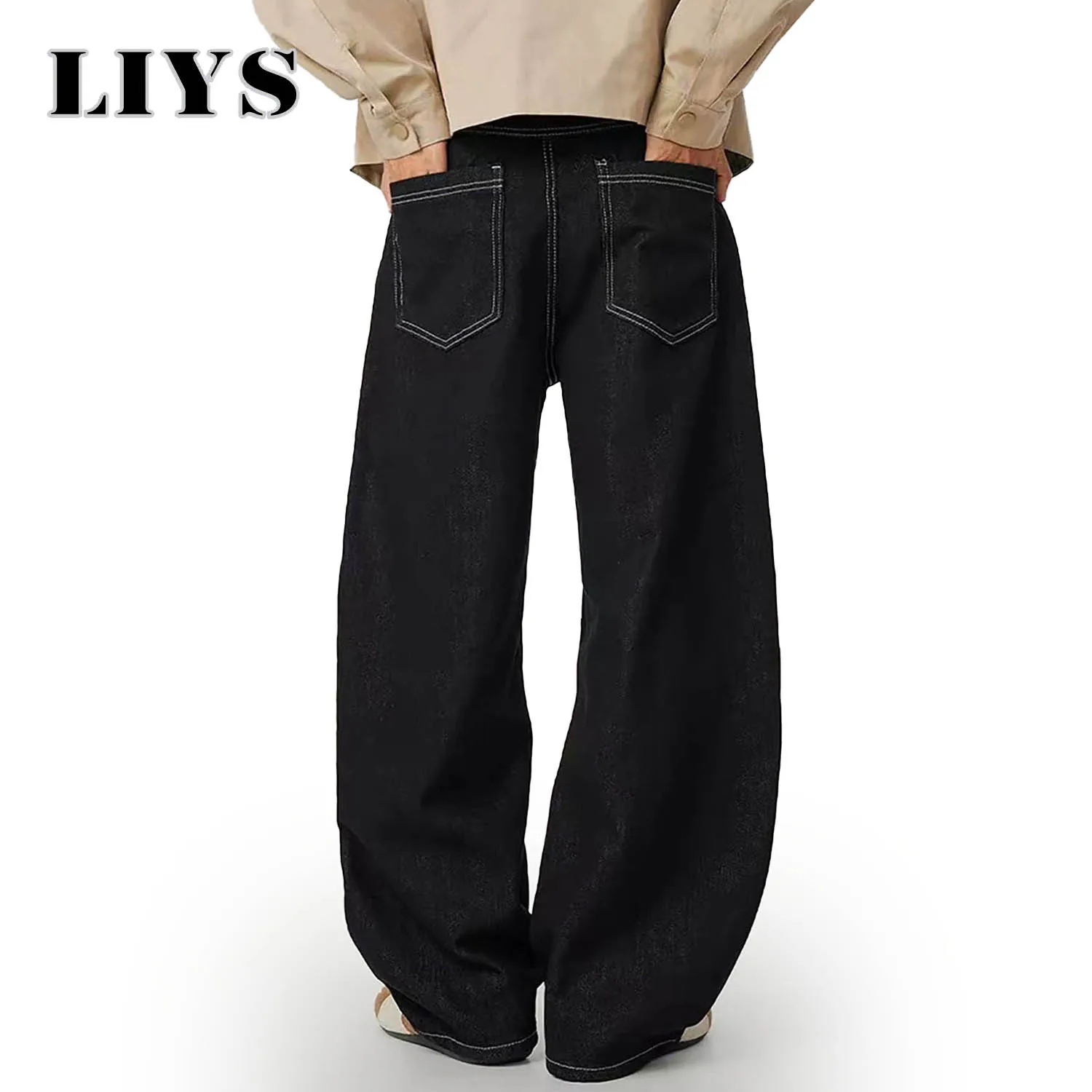 American Retro Men's High Street Black Baggy Wide Leg Jeans Korean Version Clear Thread Deconstruction Design Denim Pants Unisex