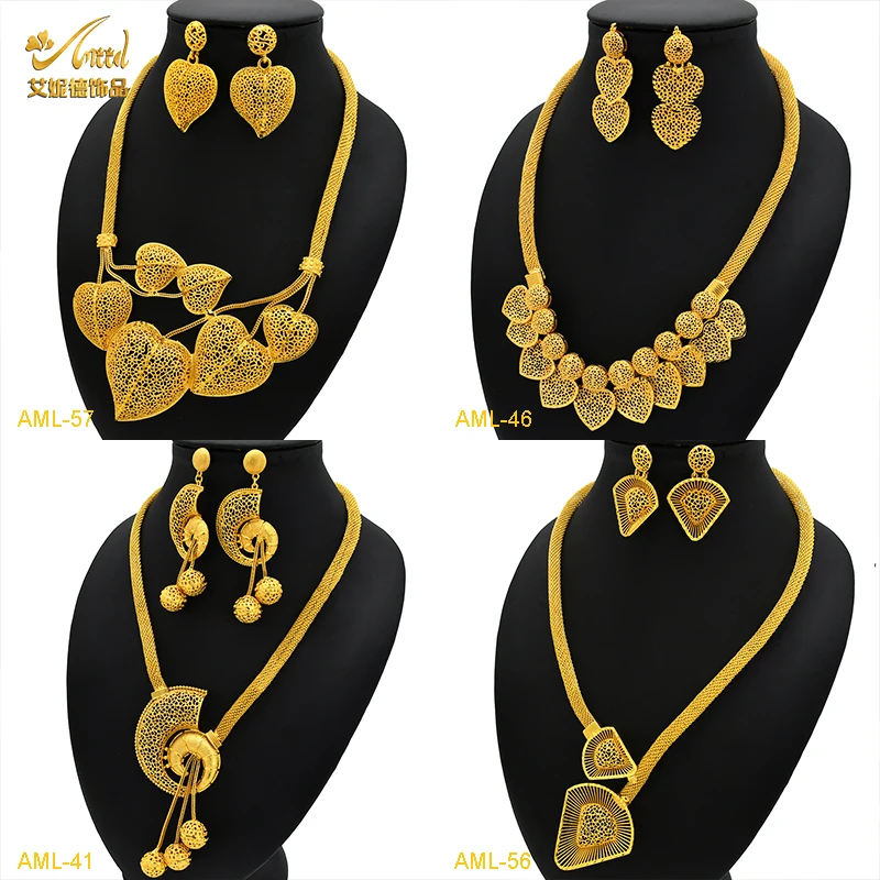 Italian New Luxury Heart Shape Copper Necklace&Earring Sets For Women African Wedding Bridal Dubai 24k Gold Plated Jewelry Gifts