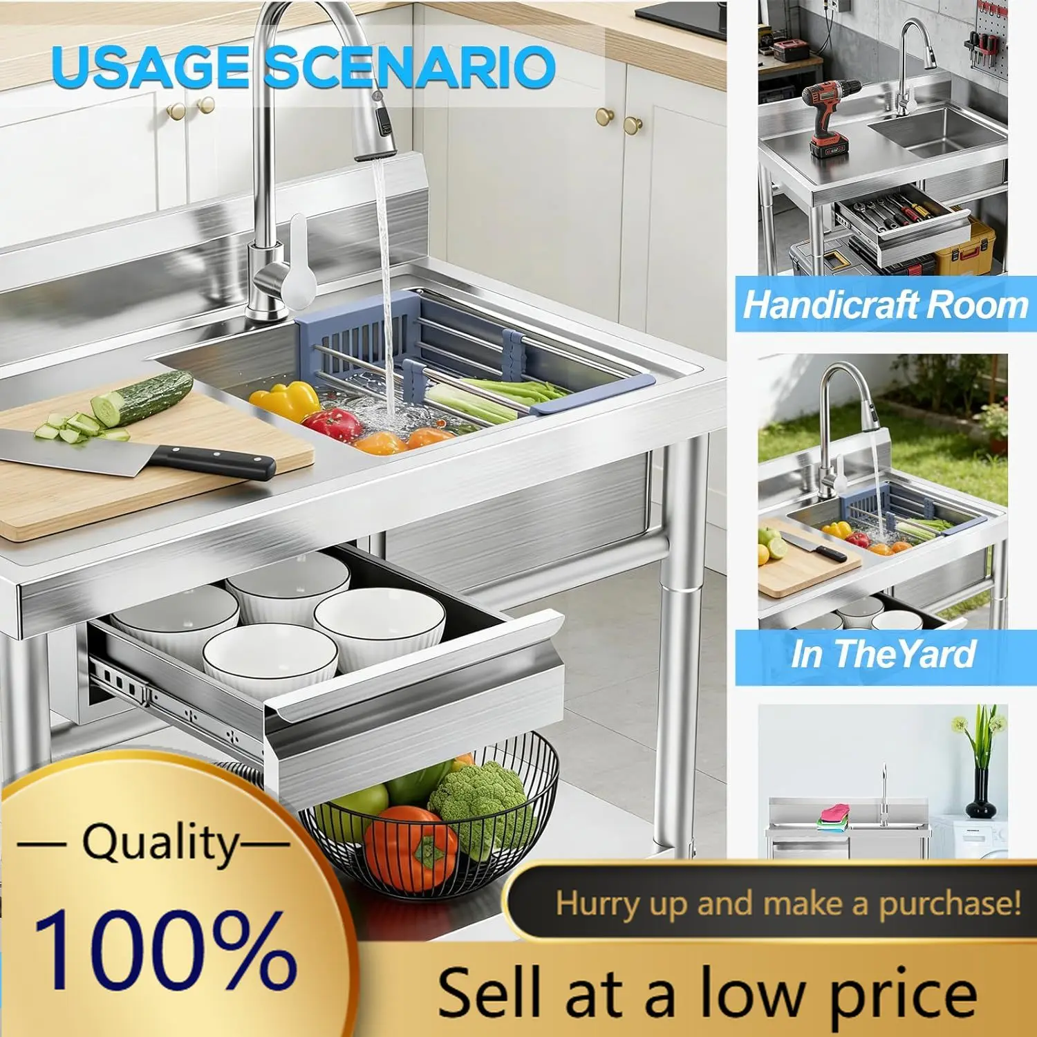 

Hot-sellingFreestanding Single Bowl Stainless Steel Laundry Sink With Swivel Pull Out Sprayer Faucet Hot Cold Water Plumbing Wor