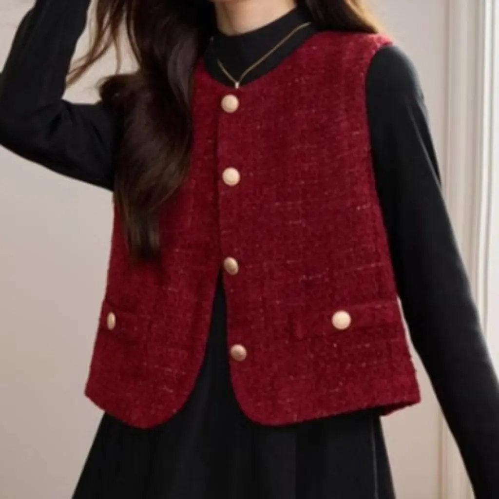 

Style Button Tweed Vamp Women's Short Coat Elegant Sleeveless Top for Spring And Autumn New Fashion Daughter