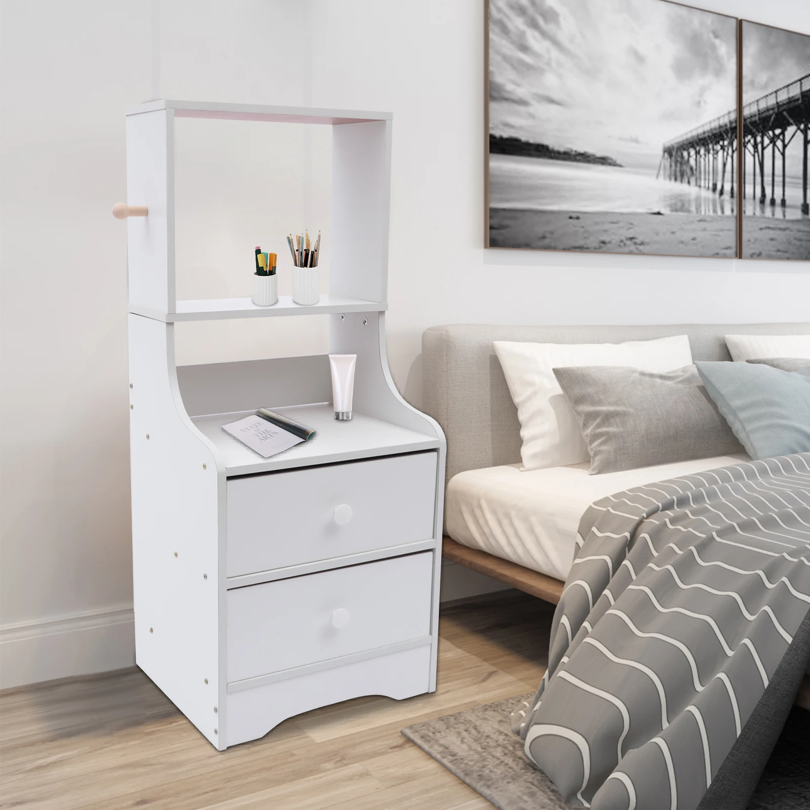 

Modern White Nightstand with Drawers Cosmetics Books Storage Shelf Kitchens Bedrooms Living Rooms Bedside Dresser Makeup Table