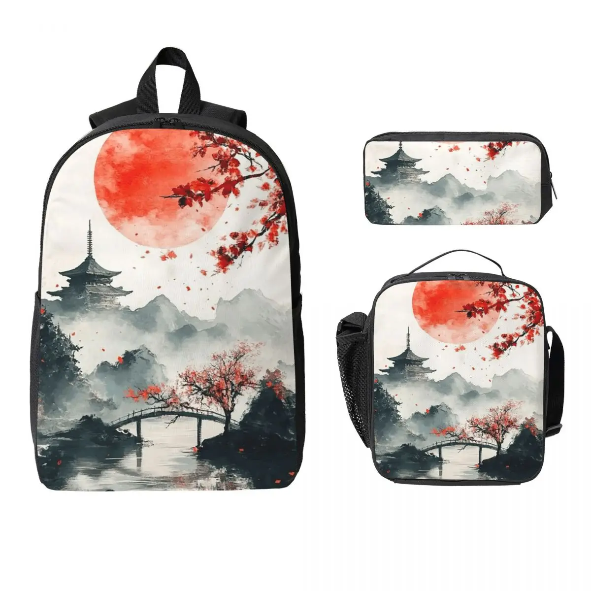Japanese Ink Painting Mount Fuji Backpack Boys Girls BookBag School Bag Laptop Shoulder Bags 3ps Insulated Lunch Bag Pencil Case
