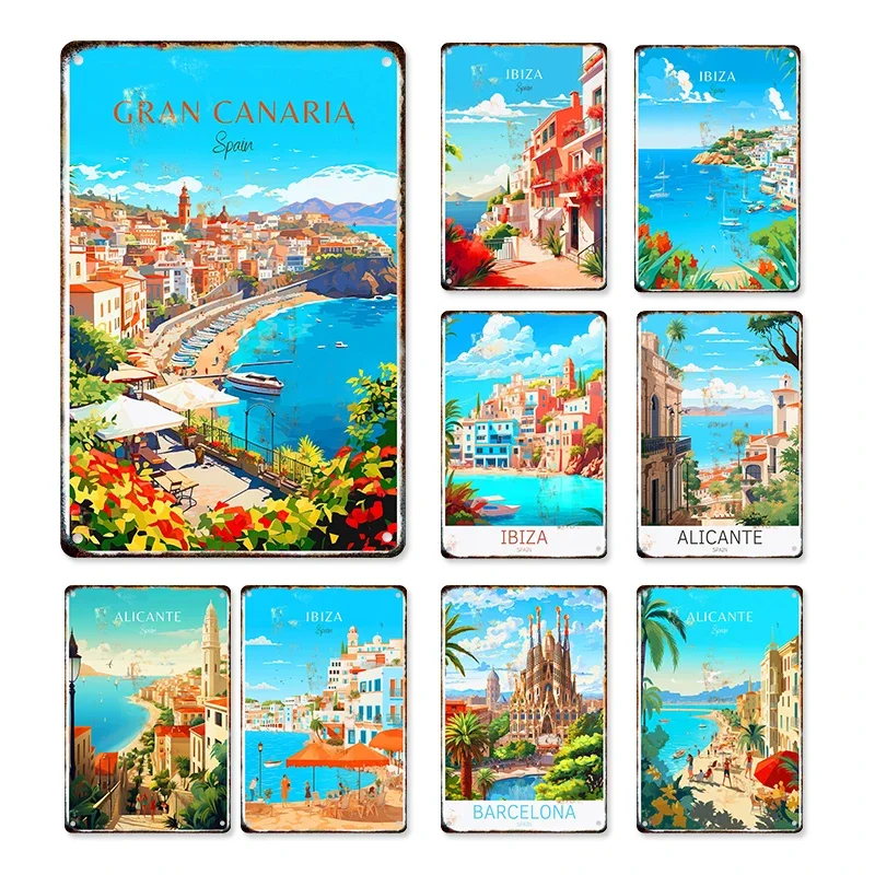 High Definition Tin Sign Vintage Spain Travel Poster Metal Wall Art, Gran Canaria Ibiza Alicante Barcelona Retro Plaque for H