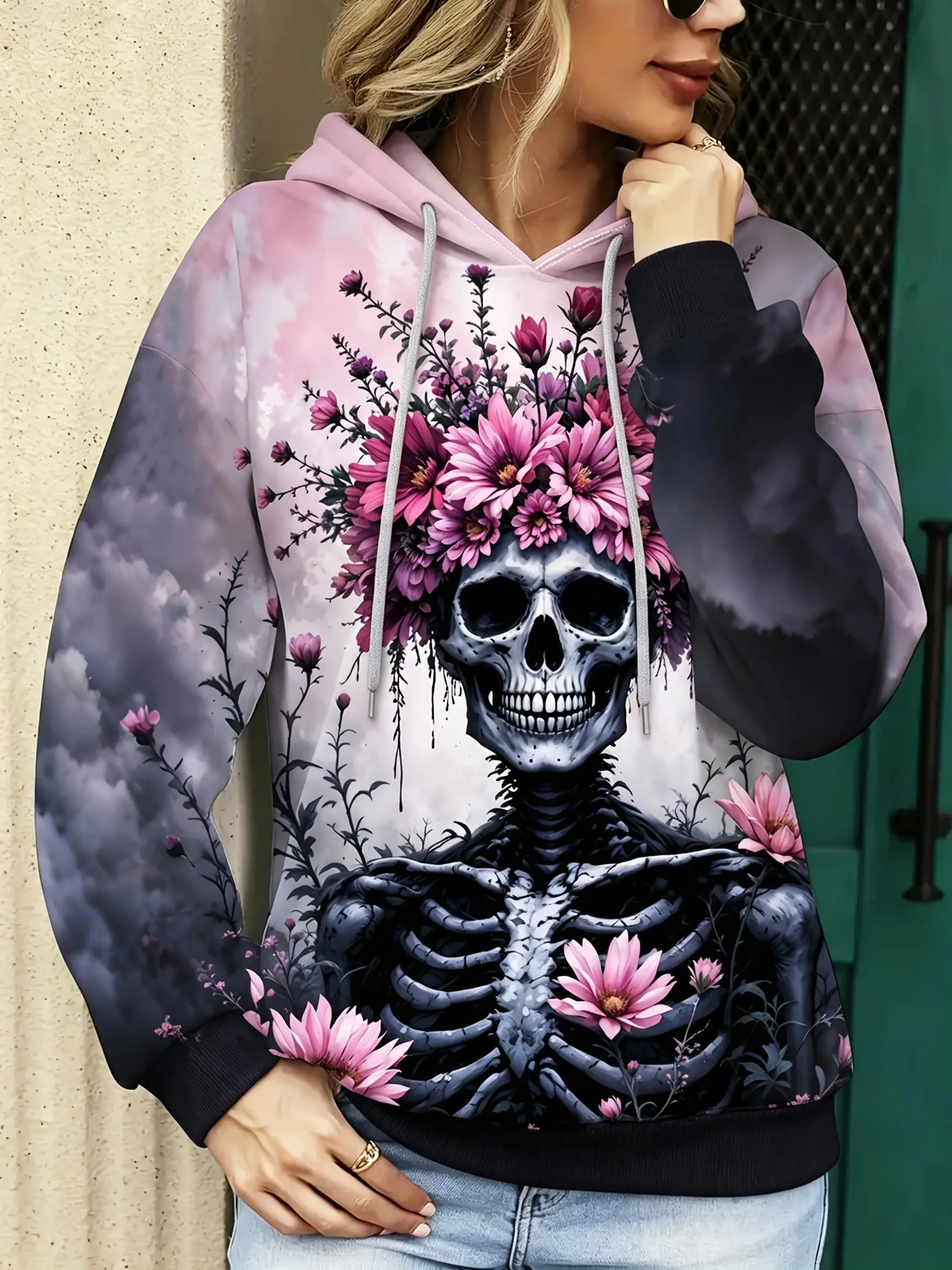 Womens Halloween Skull Floral Print Fleece Hoodie Tie Dye Cloud Pattern Hooded Pullover Tops