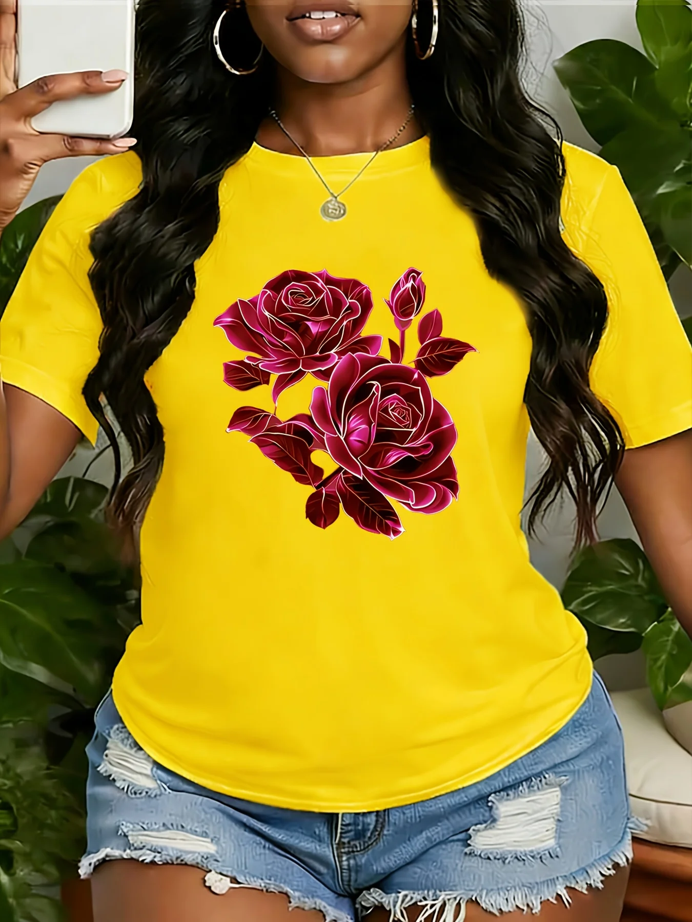 Women's Top with Red Rose Flower Print Round Neck, Recommended for Casual and Fashionable Commuting Women's Top