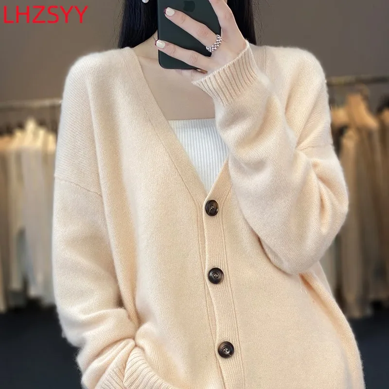 LHZSYY Women\'s New 100% Pure Wool Cardigan Autumn Long-Sleeved Coat V-neck Female Jacket Thick Sweaters Large size Knit Shirts