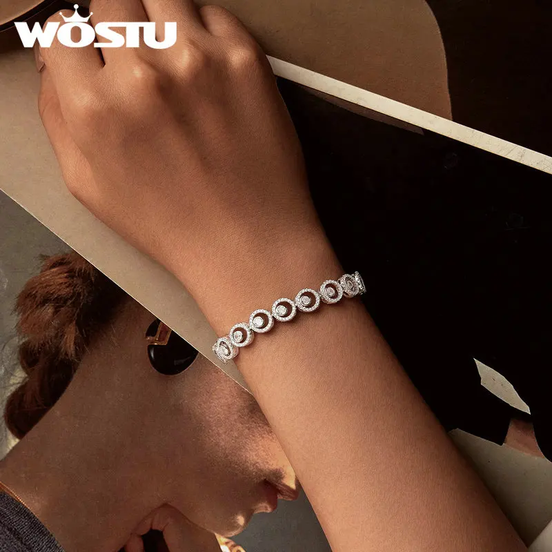 WOSTU 925 Sterling Silver Classic Sparkling Bracelet Original Fine Jewelry for Women Wedding Luxurious Gift Russian Style