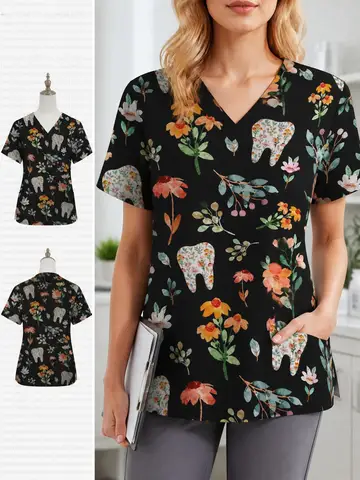 New Style Veterinary Nurse Doctor Work Uniform Top with Dental Print, Pet Clinic, Multi-Pocket Women's Nursing Work Uniform