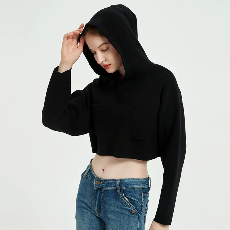 

2024 Autumn/winter Sweater Jacket Women's Casual Korean Fashion Hooded Black Short Knitted Top кофта женская пальт Sweaters Pull