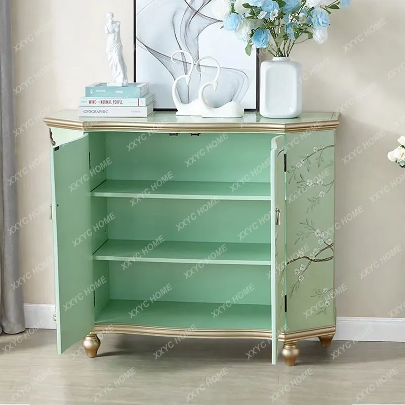 Painted entrance cabinet, home partition decorative cabinet, villa solid wood art hand-painted storage side cabinet