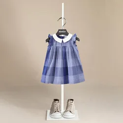 Summer Girl's Sleeveless Dress Baby Girl's Blue Plaid Cute Printed Doll Neck Bubble Sleeve Princess Skirt