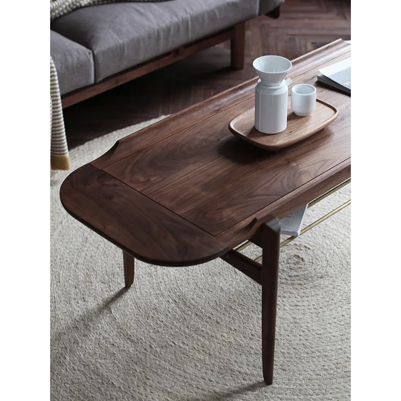 Coffee table, light luxury Nordic style black walnut original solid wood long table, copper and wood combination