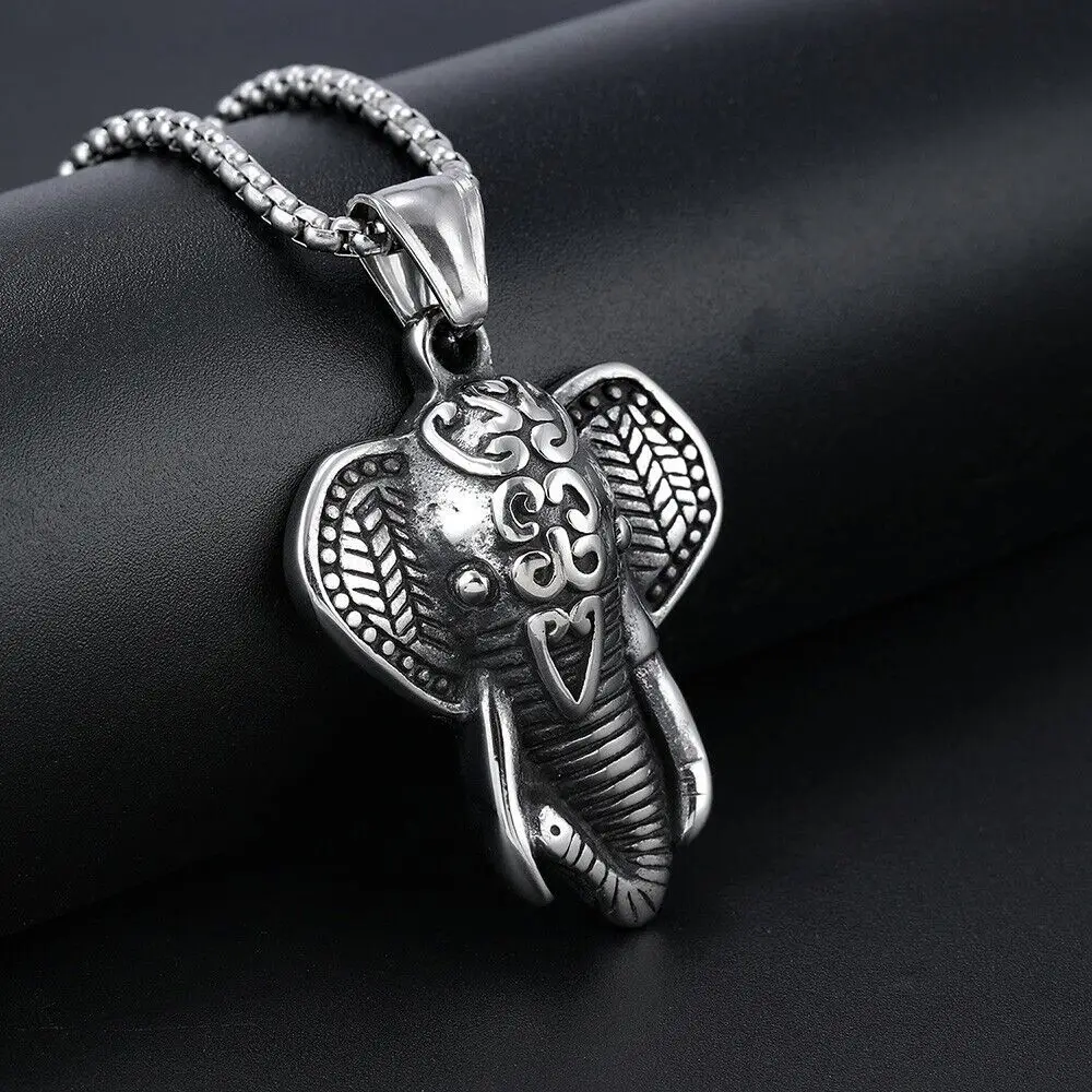 Vintage Stainless Steel Lucky Elephant Head Charm Pendant Necklace Chains