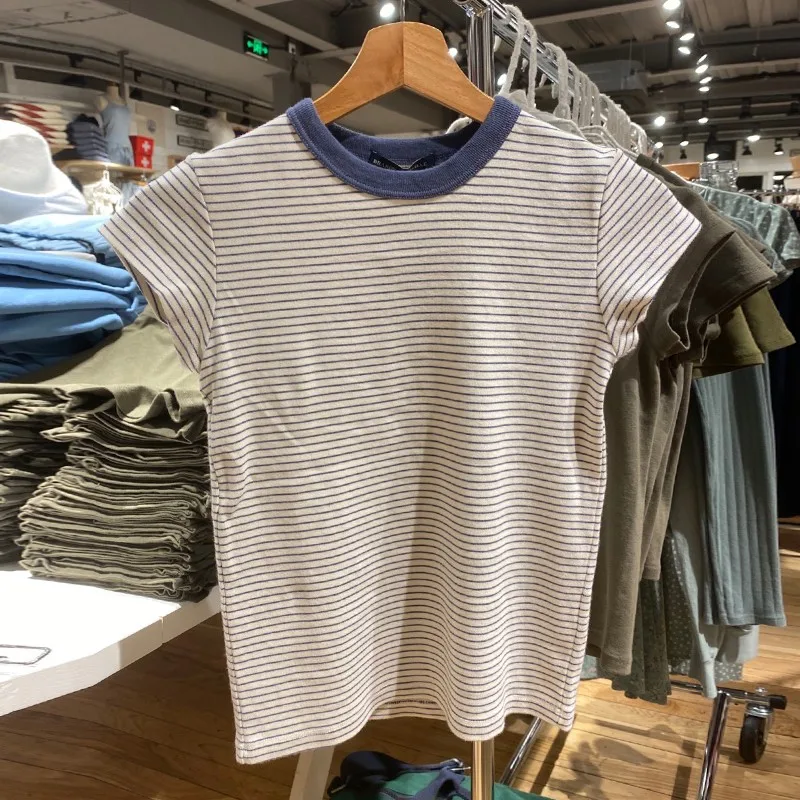 American Style Slim Fit Cotton T-Shirt Striped Short Sleeve round Neck Pure Cotton Summer Top for Women Brandy Girl Official ...