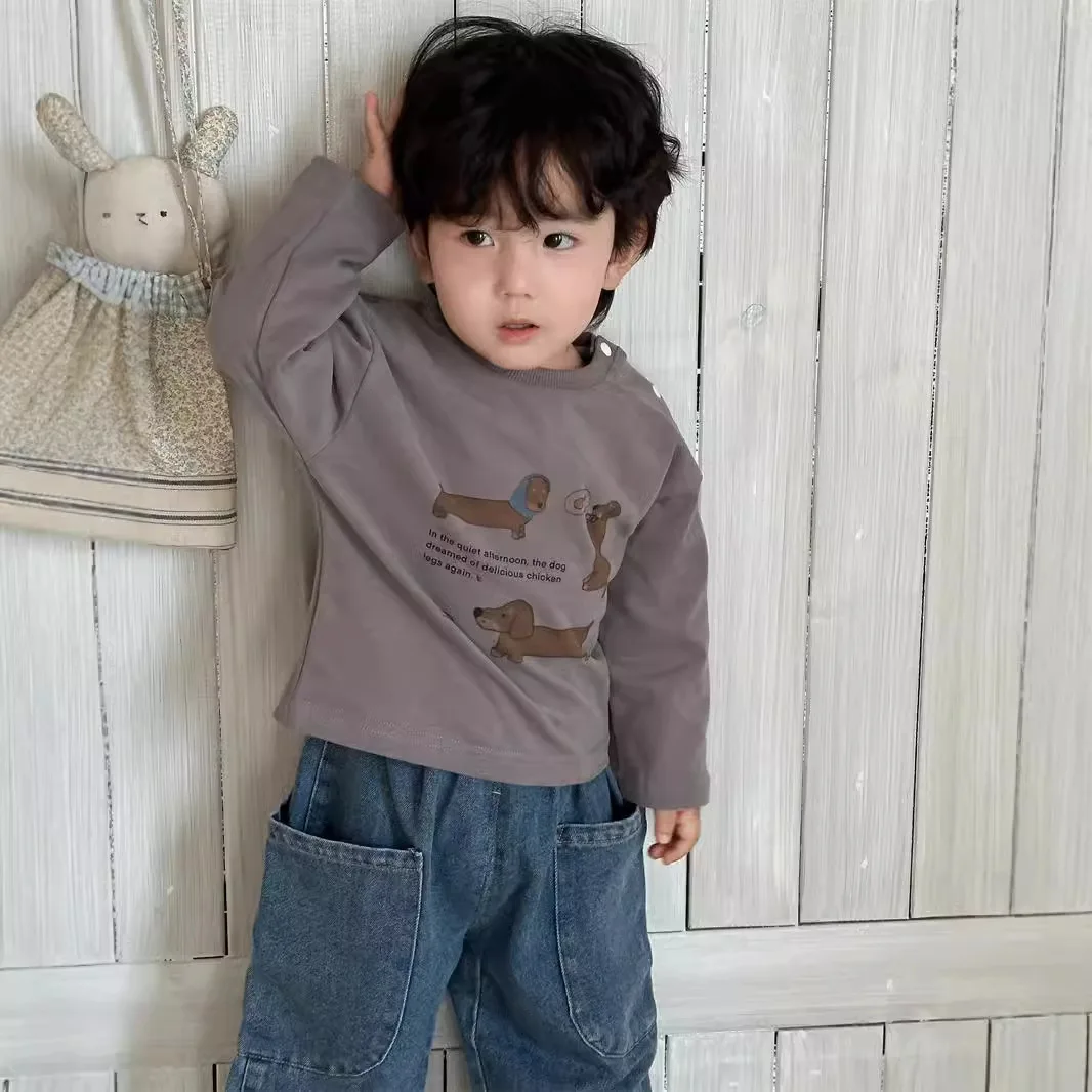 

Осень 2024, новые детские футболки с длинными рукавами, хлопковая повседневная футболка с мультяшным принтом для мальчиков, свободные хлопковые топы для маленьких девочек, одежда для малышей