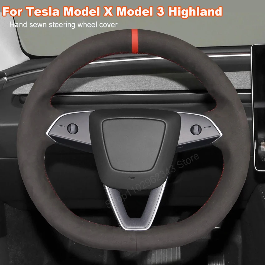 

Hand-stitched No-slip Black Suede Leather Car Steering Wheel Cover Braid for Tesla Model X Model 3 Highland 2023 2024 Accesorios