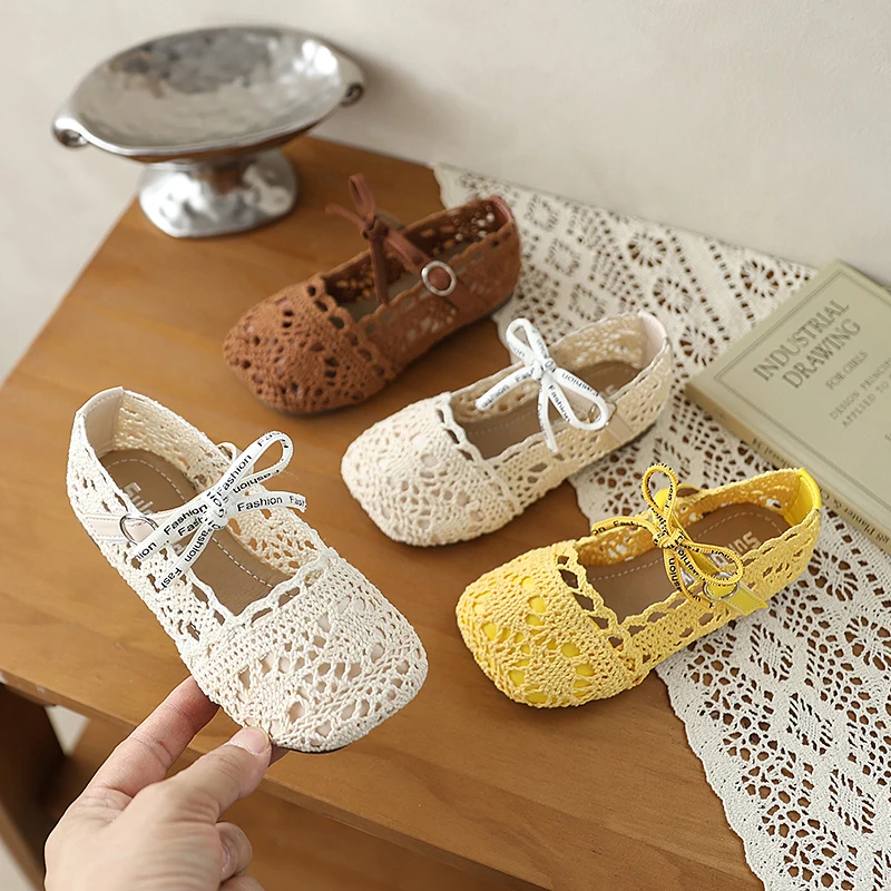 Korean-style New Girls Flat Shoes Hollow-out Woven Kids Causal Shoes Bow Breathable Lightweight Children Ballet Shoes Non-slip