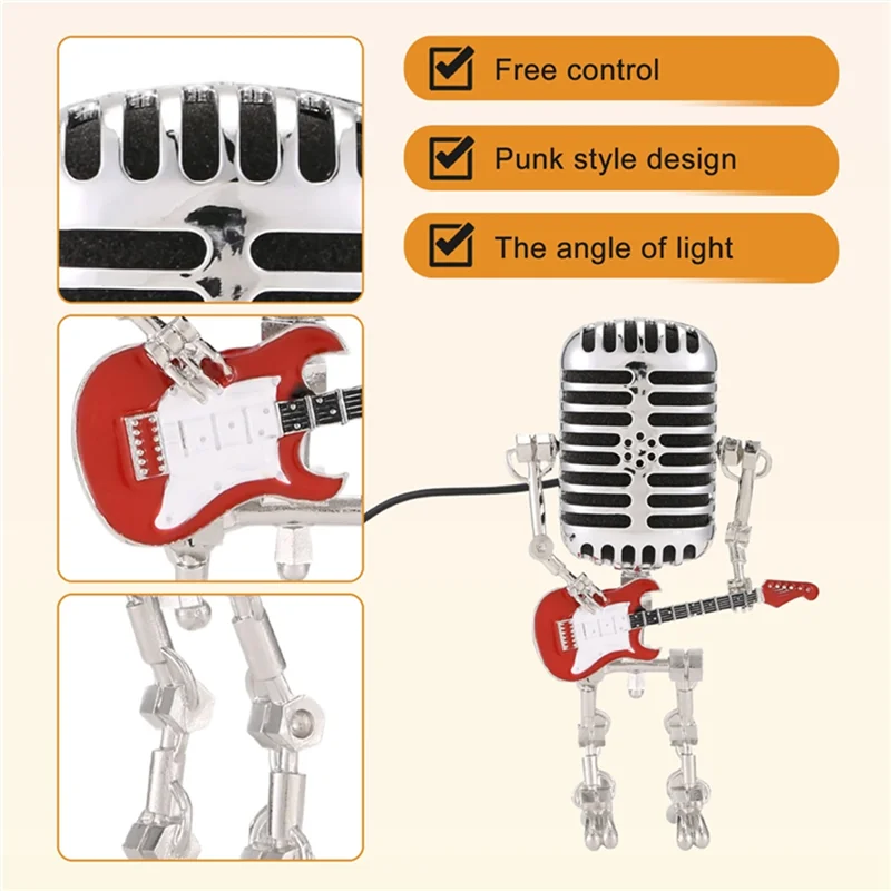 AA84 2Pc Mic Rockbot,Metal Microphone Robot Table Lamp Holding Guitare Vintage Night Light,Vintage Microphone Robot Desk Lamp