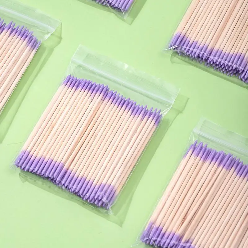 100-1000Pcs 7.2cm Nail Double-Head Wood Swab Cleaning Sticks Purple Dual-Tipped Cotton Head Cleaning Swab Nail Polish Remover