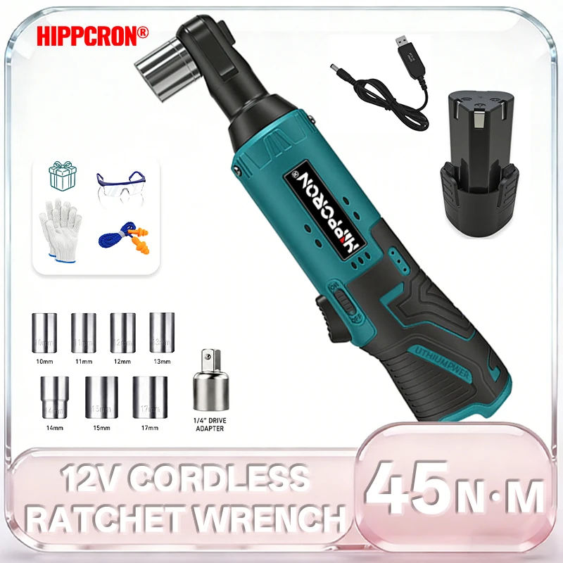 HIPPCRON Cordless Electric Ratchet Wrench Power Copper Motor 600RPM 45NM 3/8