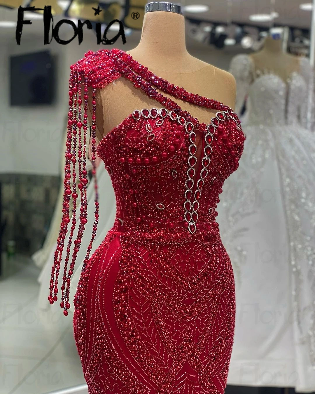 Shinny Burgundy Mermaid Tassels Evening Dresses Dubai One Shoulder Elegant 2024 Long Prom Dress For Women Wedding Arabic Bride