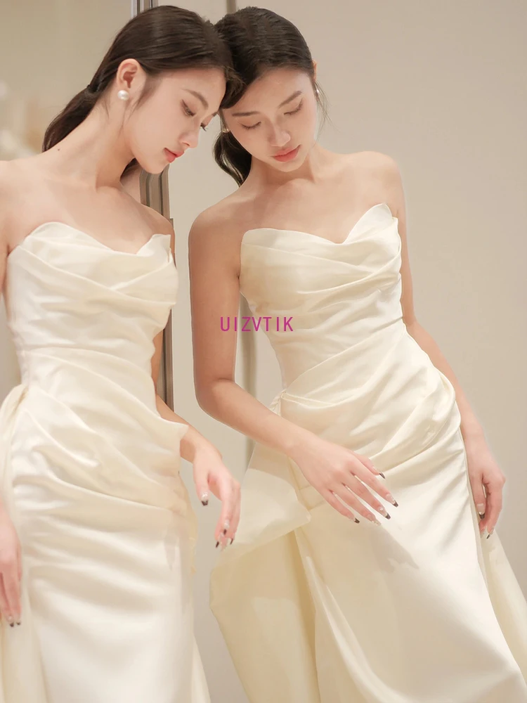 Простые корейские свадебные платья с открытыми плечами Белое атласное вечернее платье Вечернее платье 웨딩드레스 Свадебное платье для фотосессии на заказ
