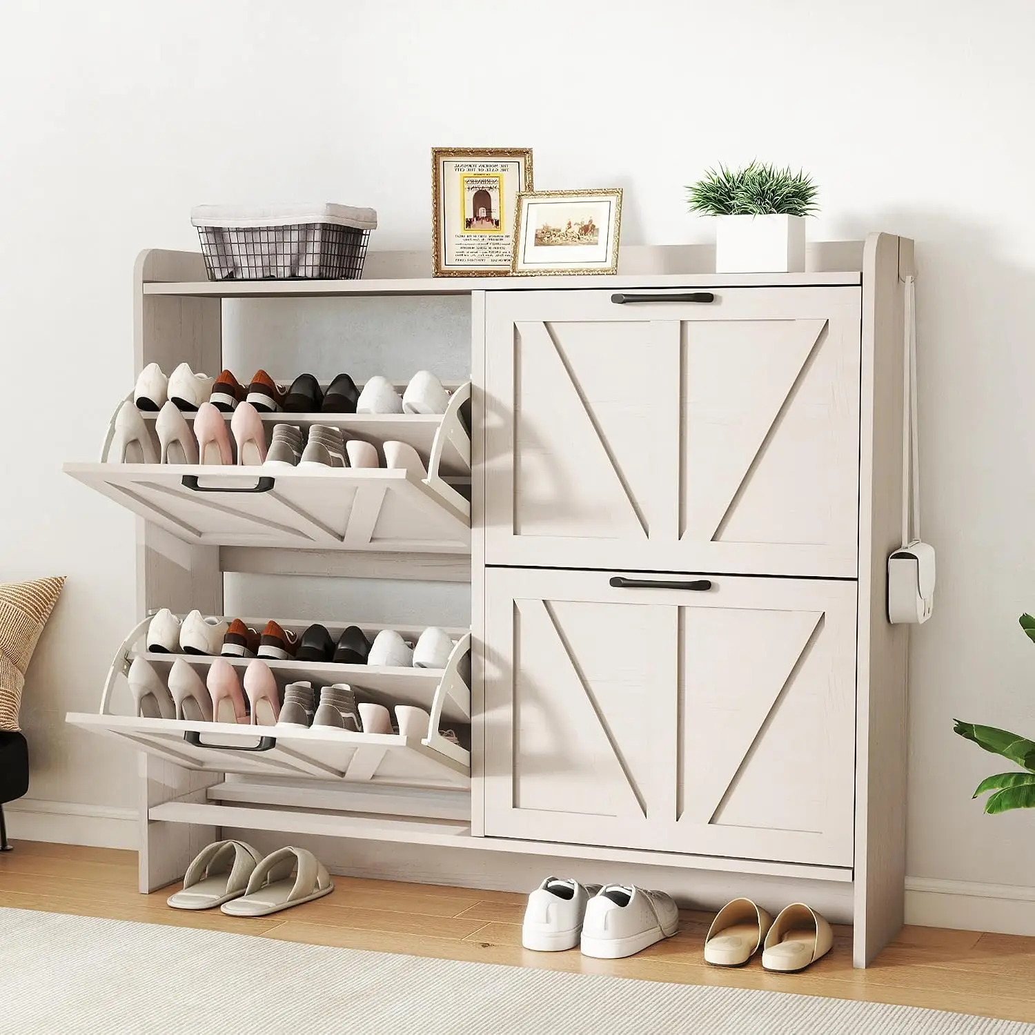 Farmhouse Shoe Cabinet 4 Flip Drawers Wooden Legs Adjustable Shelves Freestanding Entryway Hallway White, Customized