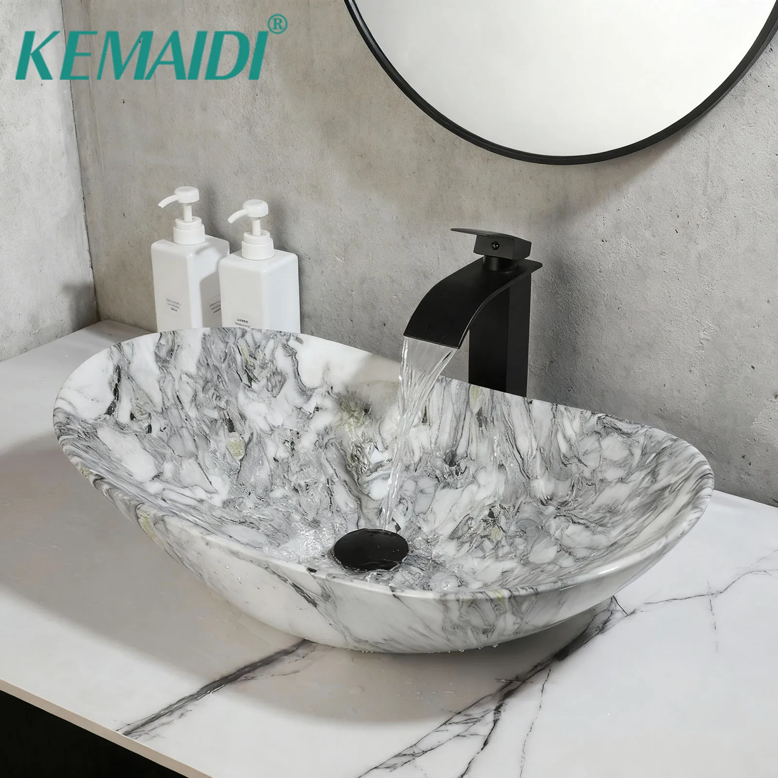 KEMAIDI Ceramic Vessel Sink 24“ Faucet and Drain Combo Oval Marbling Bathroom Vessel Sink Above Counter Art Sink Bowl Porcelain