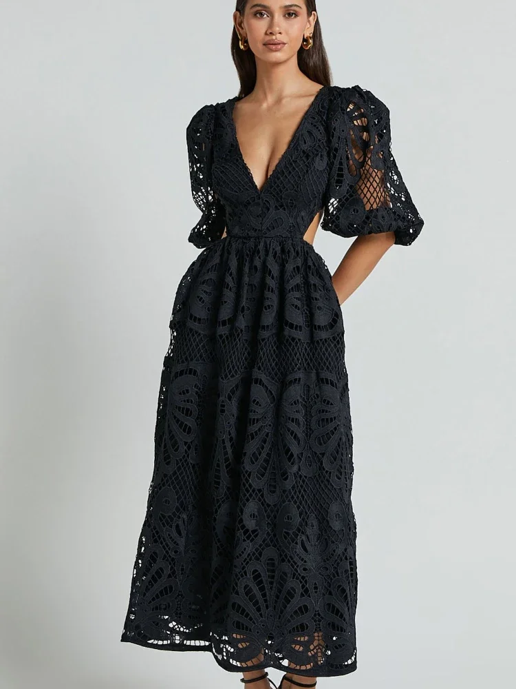 2025, Sommer-Damen-Maxikleid mit Spitze, bestickt, ausgehöhlt, mit V-Ausschnitt, sexy Taillenausschnitt und Laternenärmeln