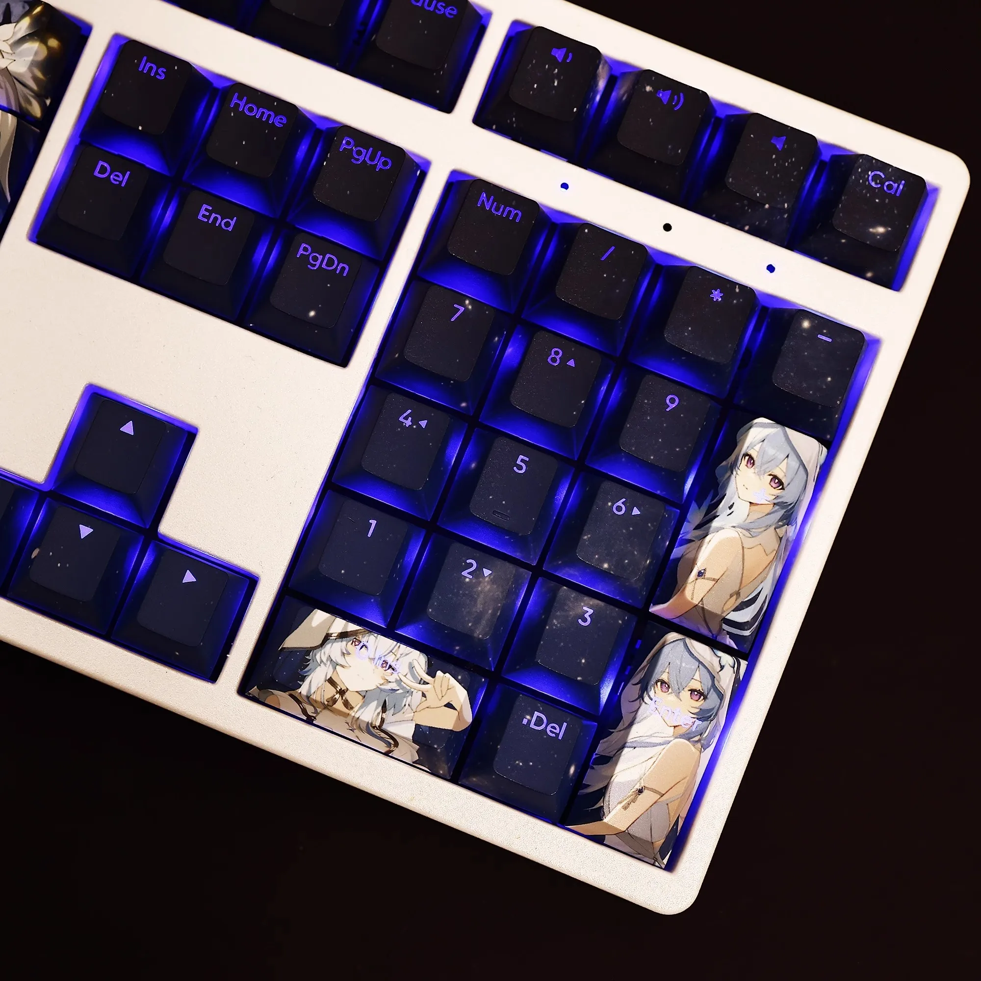 Imagem -05 - Shorekeeper Pbt Backlit Teclado Anime Gaming Key Caps para Ansi 61 87 104 108 Chaves Grupo Desenhos Animados Ondas 108 Chaves o