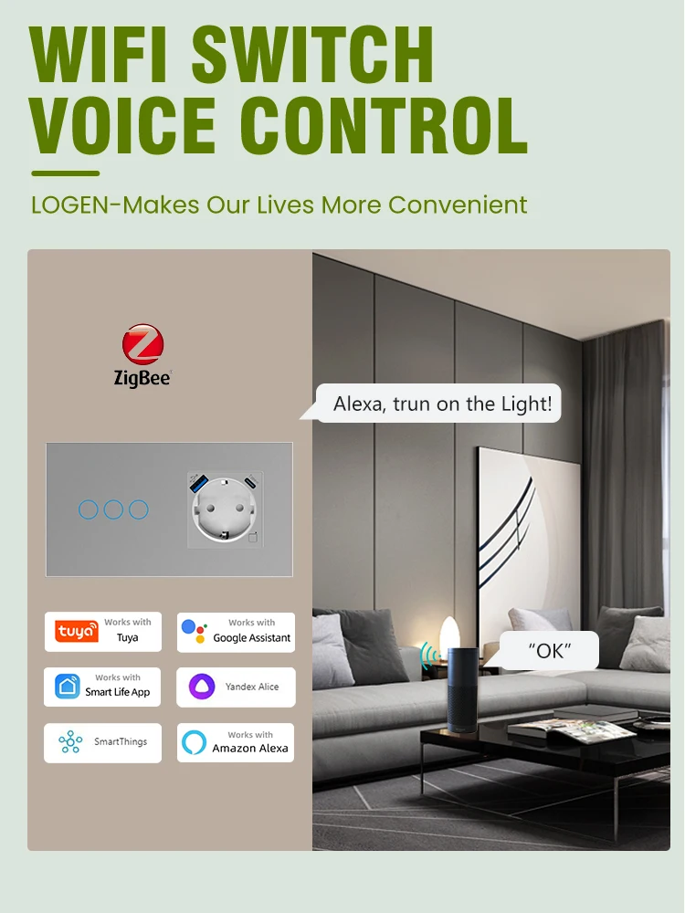 

LOUYSGEN ZigBee Smart Sockets Touch Light Switch Energy Monitoring 1Way Glass Panel Switch Timer Schedule Tuya Need Neutral Wire