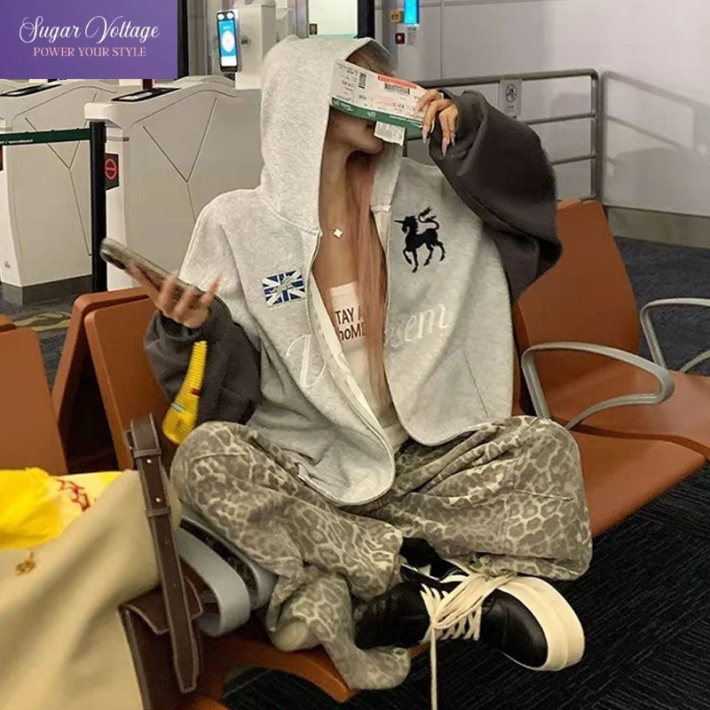 

Уличная одежда в американском стиле ретро, толстовка на молнии, женская куртка свободного покроя с рукавом реглан Y2K, осенняя толстовка с капюшоном в стиле хип-хоп High Street