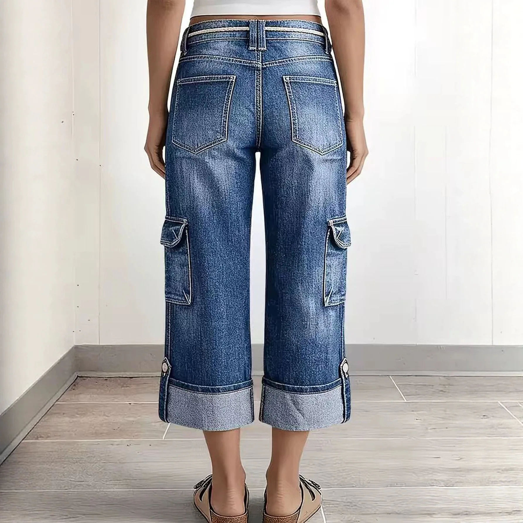 Women's Lace up Multi Pocket Rolled Hem Wide Leg Jeans Casual Washed Autumn Workwear Pants