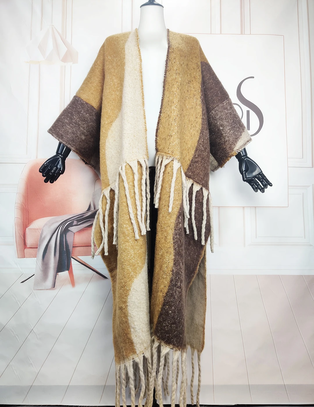 Winter 2023 African Lady Popular Orange Warm Fuzzy Long Cardigans Oversized American Blogger Soft Open Front Tassel Duster Coat