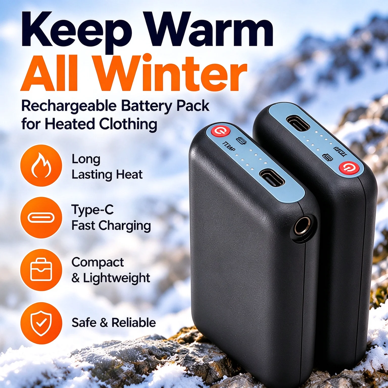 Battery Pack 5V 5000mAh for Heated Gloves Socks Vests Jackets and Scarves Rechargeable Heating Battery with USB-C Charge Cable