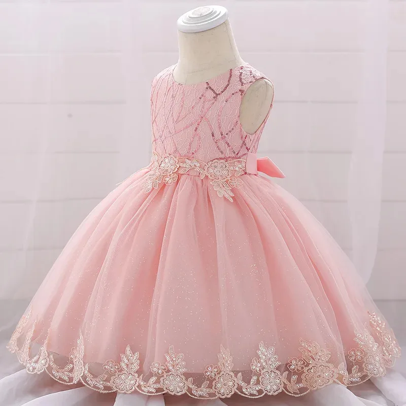 Платье принцессы с бантом и блестками для маленьких девочек, детское бальное платье на крещение, первый год, день рождения, крещение, Рождество, От 3 до 24 месяцев