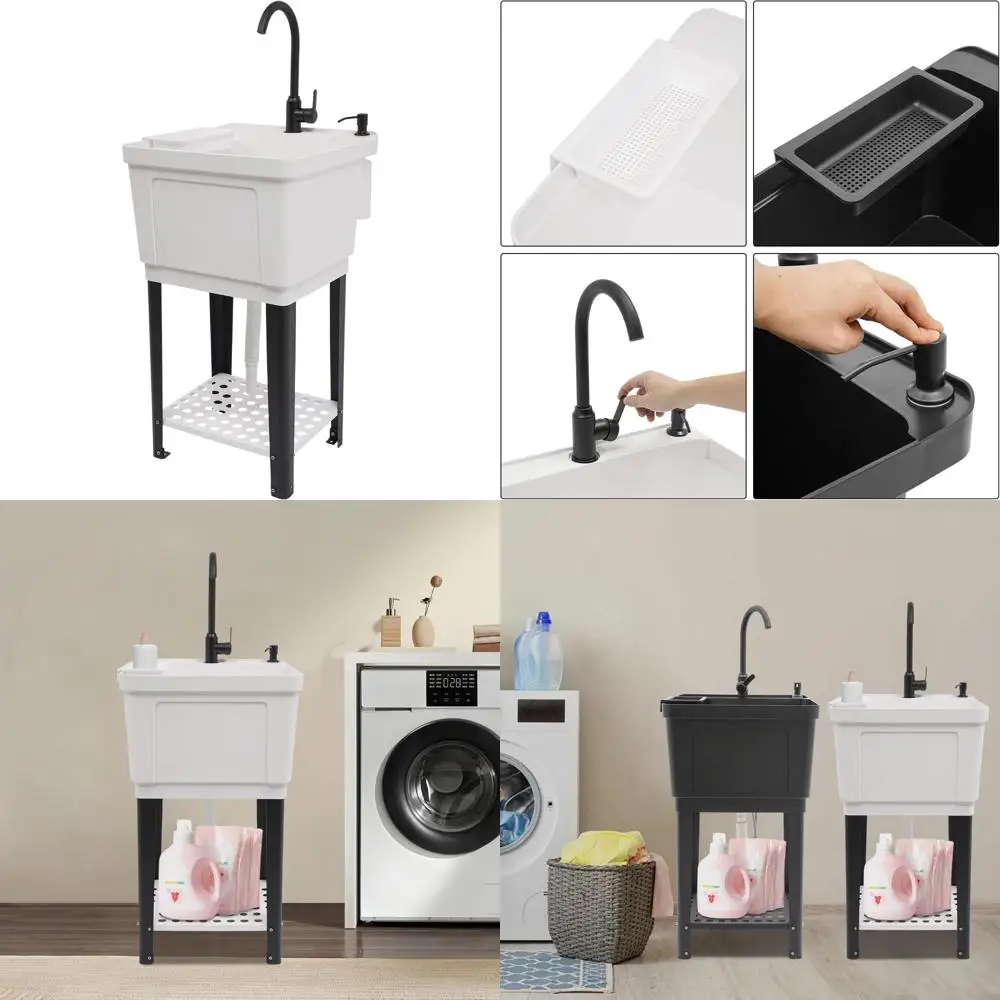 

Отдельно стоящая пластиковая мойка для стирки с краном для горячей и холодной воды, стеллаж для хранения, компактный дизайн для эффективной экономии места в универсали R
