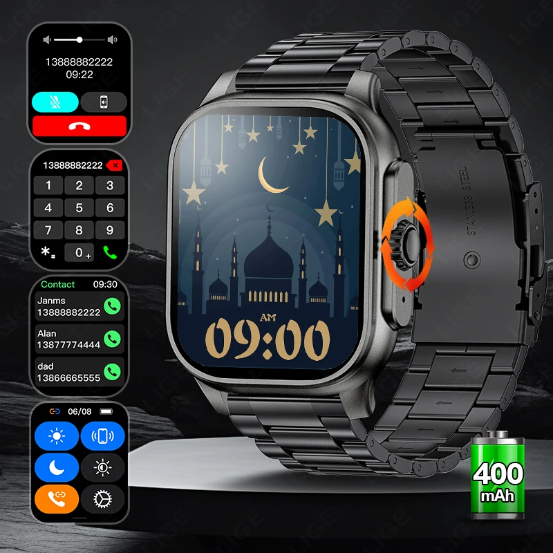 

New LIGE Smart Watch with Qibla Pointer Voice Prayer MUSLIM Watch 400mAh Sport Bluetooth Call 2.01" HD Display Smart watches Men