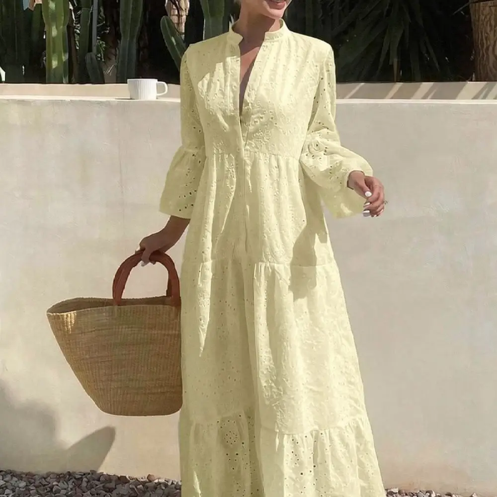 Vintage Women Summer Dress Elegant Loose Fit Midi Style Breathable Fabric Aesthetic Holiday Beach Fashion Casual Clothing