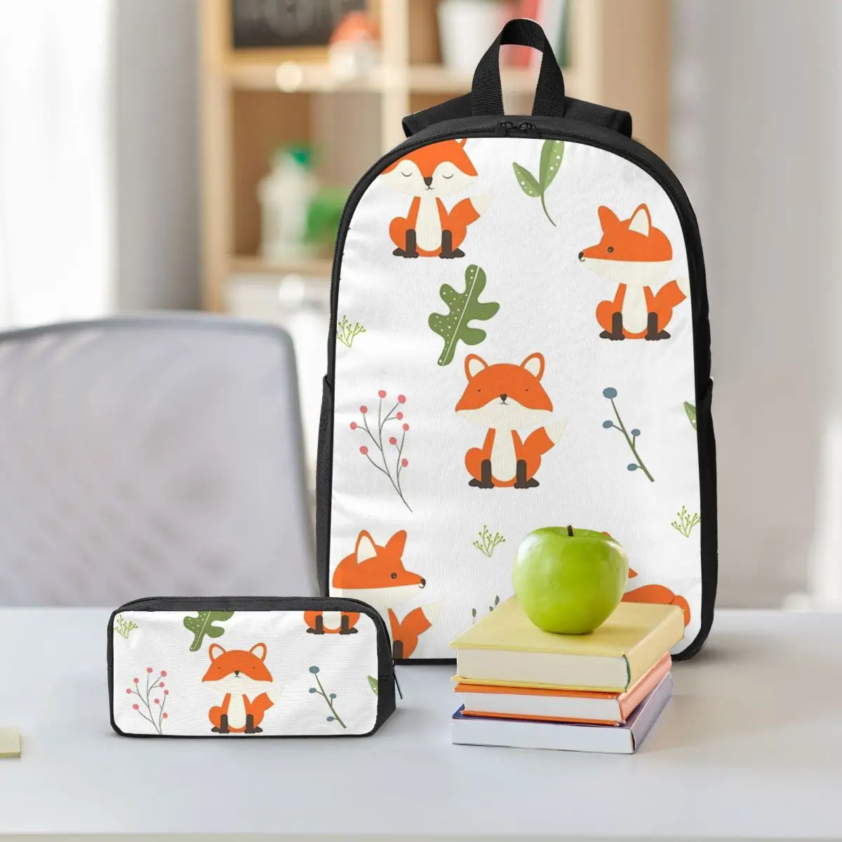 Leafy Cute Orange Fox With Plant Backpack Boys Girls BookBag School Bag Shoulder Bags 3ps Insulated Lunch Bag Pencil Case