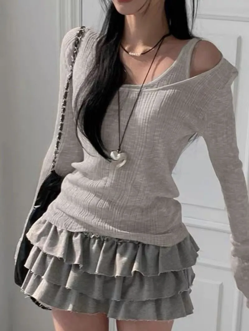 Grunge Alt Women One Shoulder Hollow Knit Jumper Blue White Striped Long Sleeve Loose Y2K Sweater