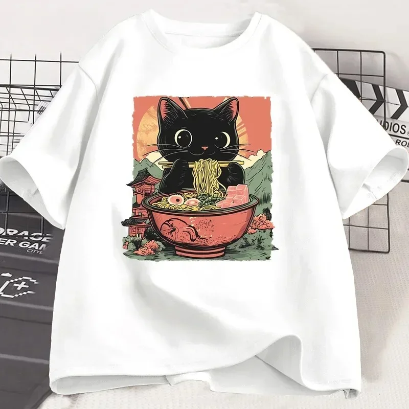 

Women's Cute Black Cat Eating Ramen Graphic T-Shirt Adorable Foodie And Cat Lover Tee Shirt Animal Printed Top