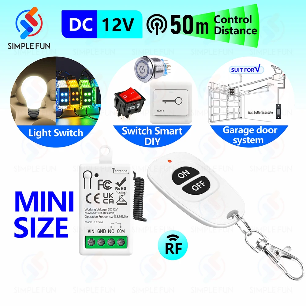 

433Mhz Universal Wireless Remote Control Switch DC 12V 1CH 10A Mini Relay Receiver Module,for LED/Gate/Electromagnetic Lock DIY