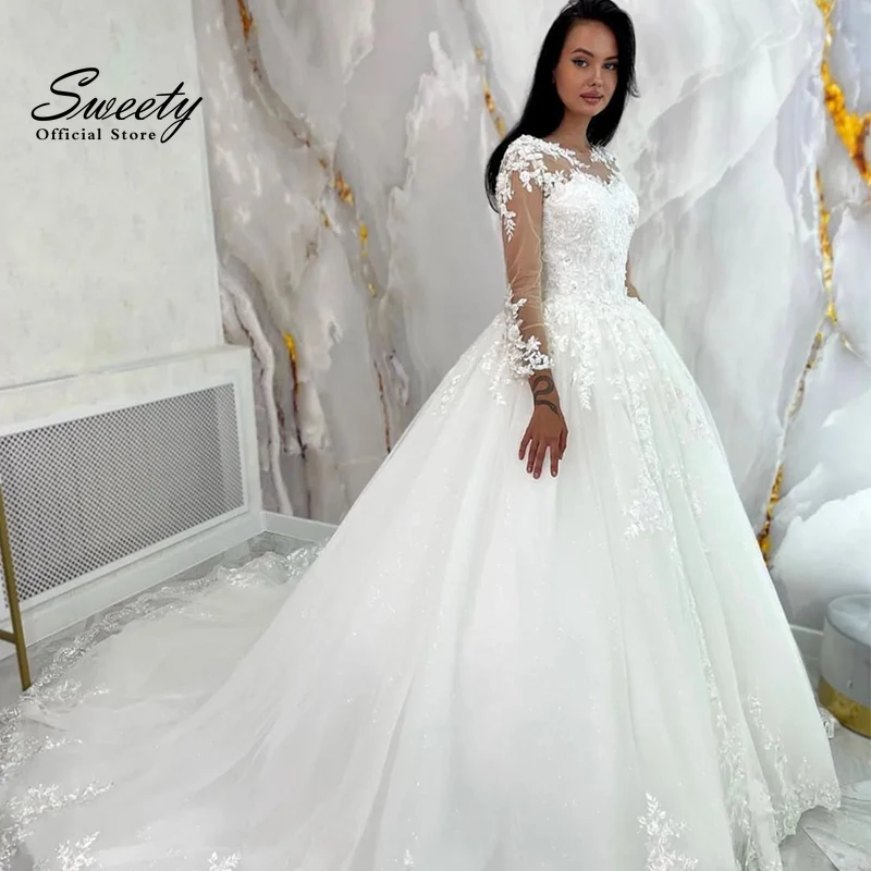 

Elegant Wedding Dress Organza With Embroidery Lace Ball Gown O-Neck Full Sleeve Bride Dress Button Vestido De Novia Customized