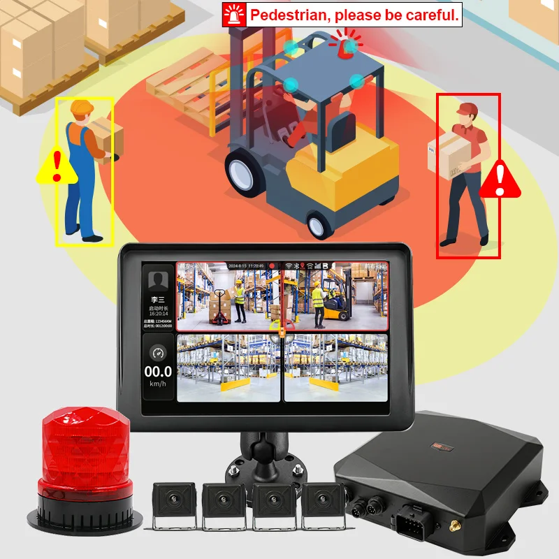 Warehouse Forklift Collision Avoidance System with AI Blind Spot Detection Camera Alert Speed Limit Auto Stop for Pedestrian