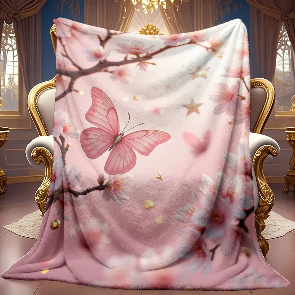 Soft High-Definition Digital Print Cherry Blossom Butterfly Theme Blanket Cooling Blanket Soft Breathable 100% Polyester All-Sea