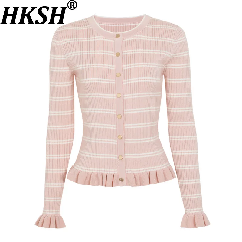 HKSH Women Cardigan Elegant Fashion Striped Patchwork Ruffles Design Slim Knitwear Trend Elastic Waist Casual Long Skirt HK27729