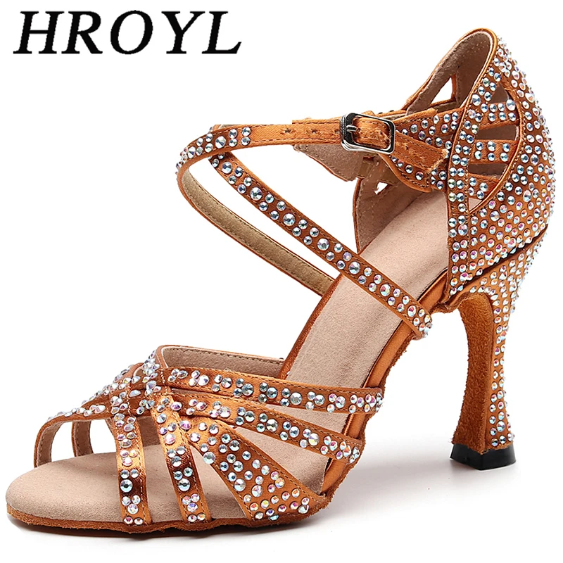 HROYL zapatos de baile latino de salón para mujer y niña, satén de seda nuevo, diamantes de imitación brillantes, tacones altos cubanos, zapatos de baile de Salsa para fiesta para mujer