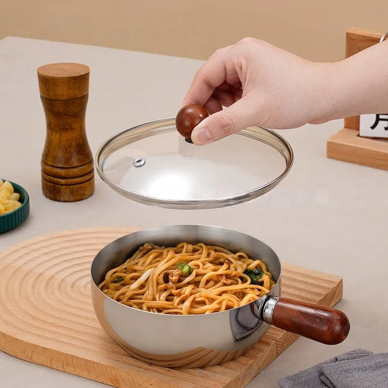JUSTINLAU Mini Instant Noodles Pot 14/16cm Soup Pot with Walnut Handle Kitchen Oil-spreading Pan Small Snack Pan Universal Stove